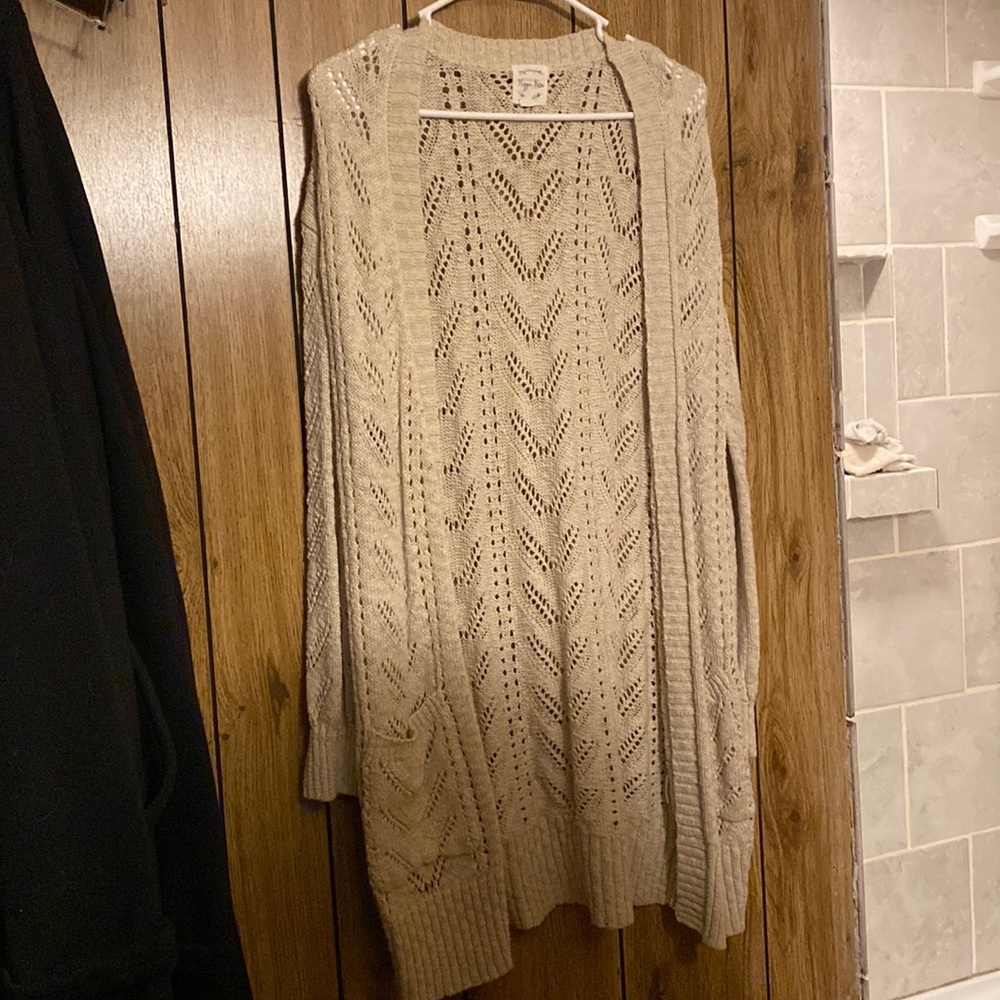 Hippie rose, tan cardigan. Size L.